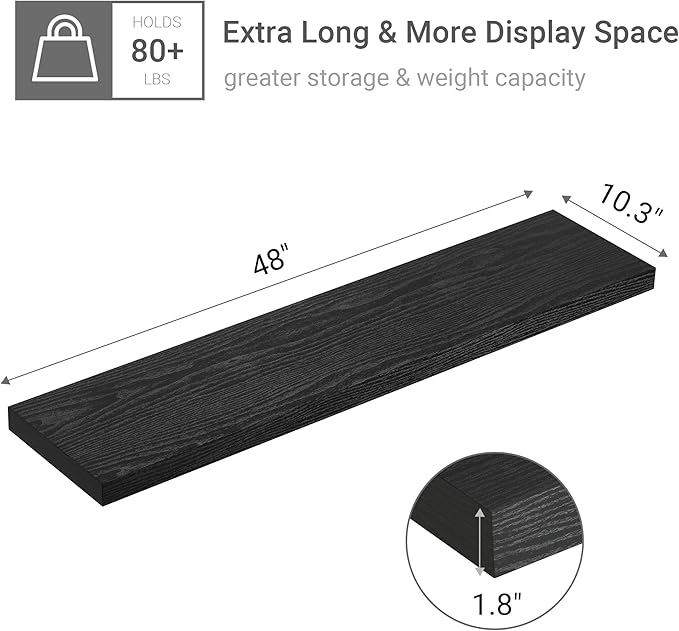Single Floating Shelves 48 Inches, 48 x 10 inch Deep x 1.8 in Thick, Long Wall Shelves Heavy Duty 80 lbs for Bedroom, Living Room, Kitchen, Office, Modern Shelf Book Home Decor, Black