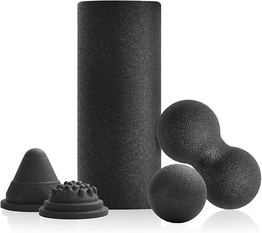 5 in 1 Foam Roller Set with Peanut Massage Ball, Curved Muscle Brush - Yoga Roller, Massage Ball, Trigger Point Triangle for Deep Tissue Relief (Black)