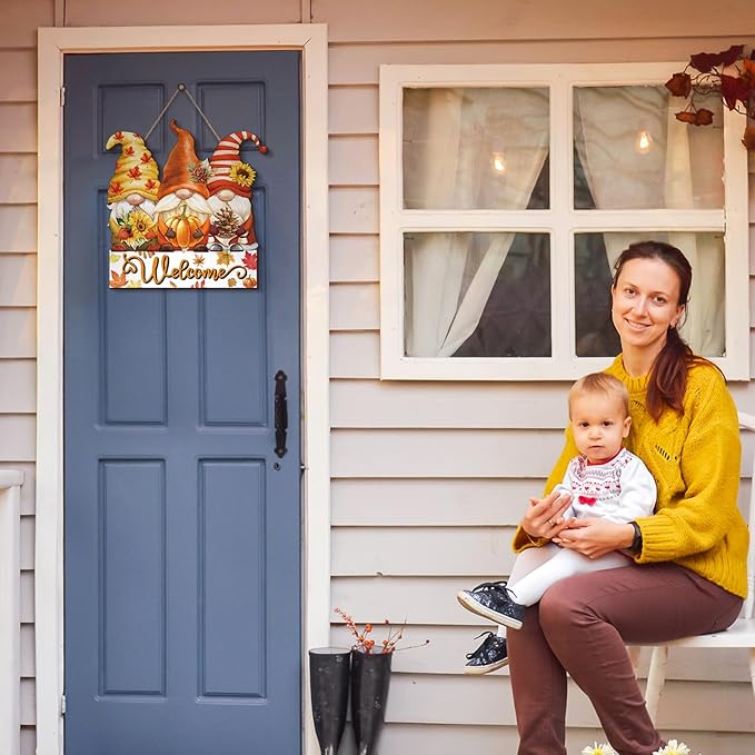 Boao Fall Welcome Sign Gnome Hanging Door Decor Thanksgiving Wooden Sign Autumn Door Decorations Pumpkin Maple Leaves Hanger for Outdoor Farmhouse Porch