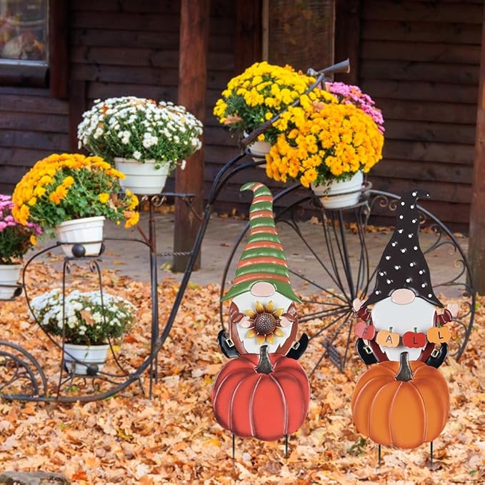 hogardeck Fall Decorations for Home Outdoor, 2 Pcs Metal Gnome Decorative Garden Stakes with Pumpkins for Fall Decor, Yard Signs for Garden Home Lawn Patio Thanksgiving Decorations