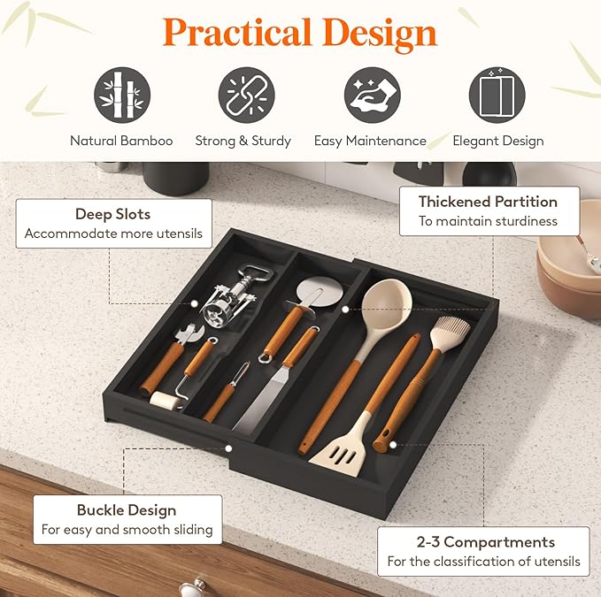 Lifewit Utensil Drawer Organizer, Expendable Cooking Silverware Tray for Kitchen Drawer, Bamboo Adjustable Cutlery Flatware Holder, Spatula Tools and Gadgets Storage Divider, 3 Compartments, Black