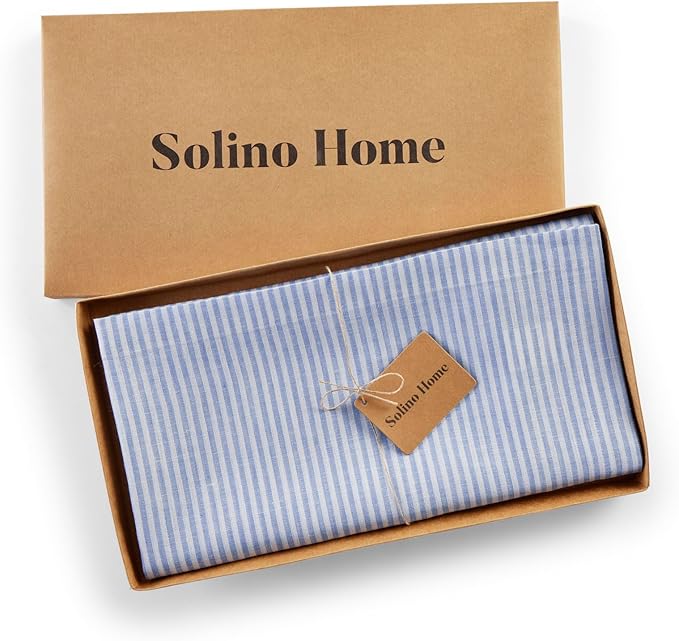 Solino Home Linen Tablecloth 60 x 120 Inch - Narrow Stripe 100% Pure Linen Cornflower Blue and White Table Cloth for Rectangle Tables - Machine Washable Tablecloth