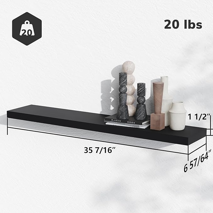 BAMEOS Floating Shelves, 35 Wx7 D Black Wall Mounted Wooden Shelves with Invisible Brackets Set of 2, Hanging Wall Shelves Decoration for Bedroom and Kitchen