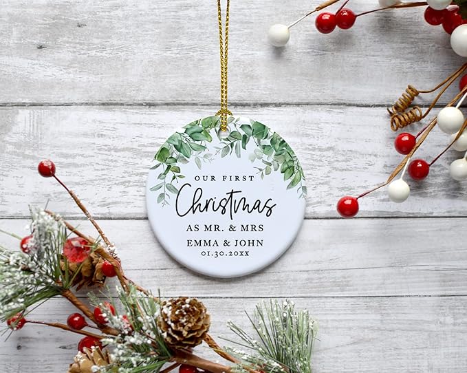 Andaz Press Personalized Our First Christmas As Mr. & Mrs. 2024 Christmas Ornaments Greenery 2.8" Round Porcelain Ceramic 1st Year Married Custom Ornament Keepsake for Newlyweds 1-Pack