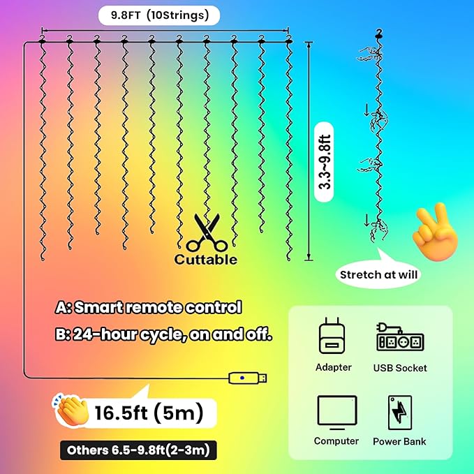 HXWEIYE 300LED Multicolor Fairy Curtain Lights with Remote 8 Modes Timer for Bedroom, 9.8x9.8Ft USB Plug in Christmas Fairy String Hanging Lights for Outdoor, Weddings, Party, Wall, Decorations