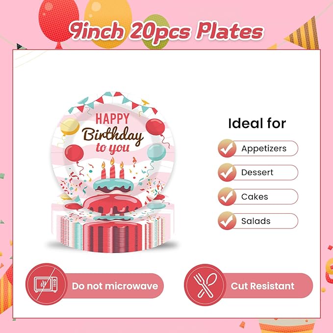 40 pcs Birthday Paper Party Plates and Napkins Disposable Colorful 9 inch 20 pcs Dessert Plates & 20 pcs Napkins Tableware for Fruit Cake Party Decorations