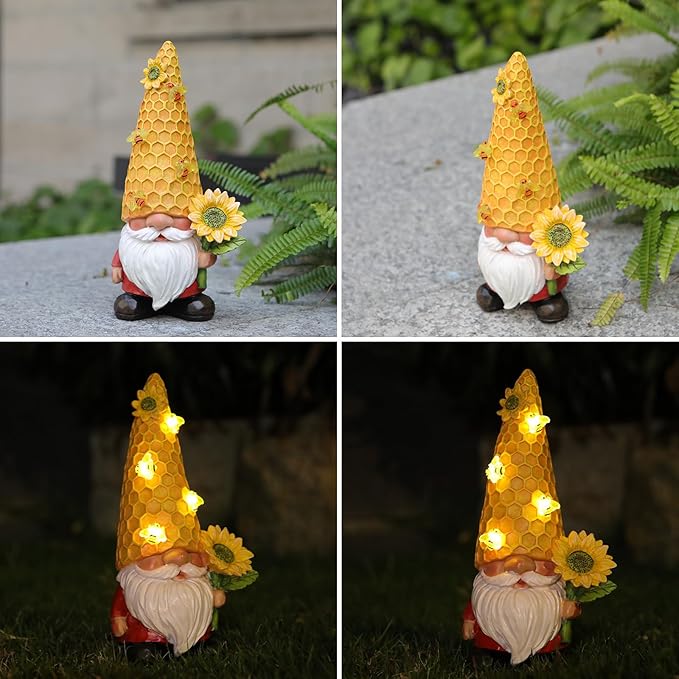 Solar Gnome Garden Decor Outdoor Statue - Gnome Sunflower LED Waterproof Sculptures Lights, Gnome Pond/Yard Statues Outside Decoration, Home, Lawn, Patio, Resin Animal Ornament, Women/Gardening Gift