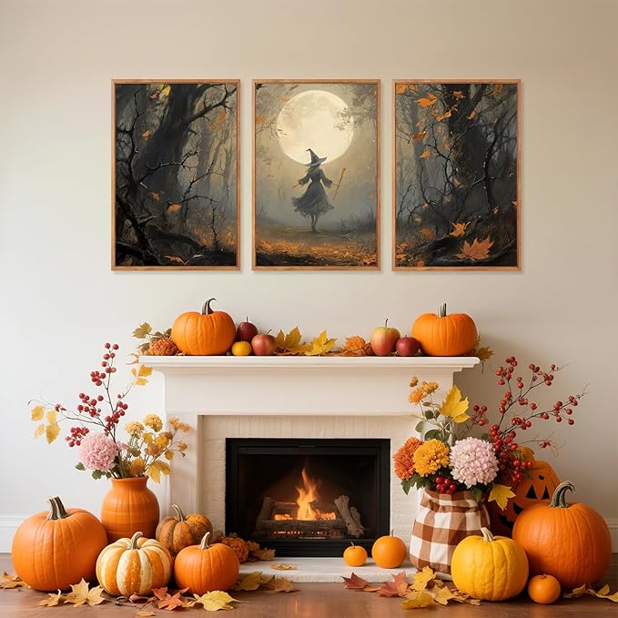 Aurlan Moonlight Witch in The Maple Forest Framed Wall Art(16"x24"), 3PCS Vintage Magical Witchy Gothic Halloween Canvas Artwork, Dark Academia Mystical Midnight Landscape Decor for Home Office Bedroom