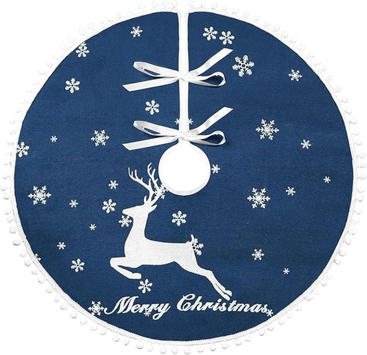 48 Inch Christmas Tree Skirt, Burlap Blue Christmas Rustic Tree Skirt with Elk Deer and White Snowflake Printed for Holiday Party Xmas Tree Decoration
