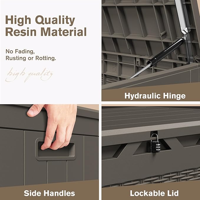 JUMMICO 100 Gallon Resin Deck Box, Waterproof Outdoor Storage Box with Lockable Lid for Garden Tools, Patio Cushions (Light Brown)