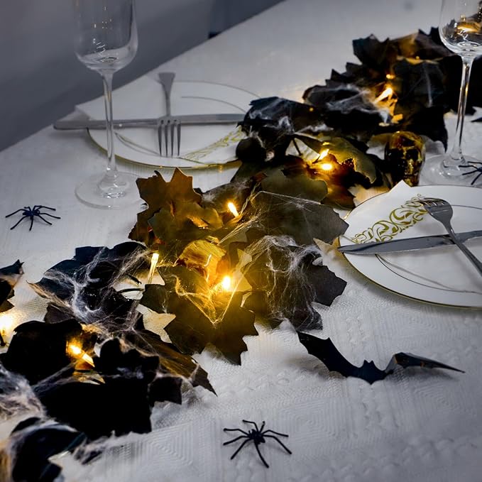 Ouddy Decor 2 Pack Lighted Black Garland Decorations, Total 20 Ft 60 Led Fall Lights Maple Leaves Battery Operated for Indoor Outdoor Thanksgiving Front Door Decor, Warm White