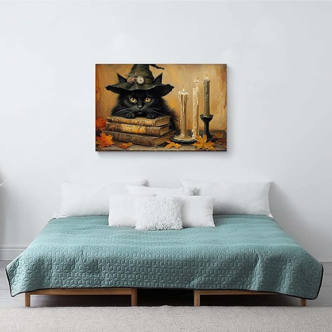 Vintage Halloween wall decoration black cat and magic book suitable for home bedroom living room decoration dark classic art witch wall decoration16x24in Wood Framed