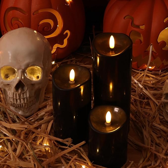 Outdoor Flameless Candles with Remote Timer - Waterproof Realistic Flickering LED Pillar Electric Battery Operated Fake Candle for Home Halloween Christmas Party Decor - 3 Pack Black (D3”H4”6”8”)