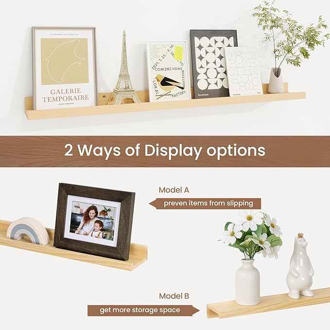 Picture Ledge Shelf, Solid Pine Wood Floating Shelves Set of 2, 32 Inches Nursery Book Shelves for Toys Storage, Kids Bookshelf Wall Mounted for Living Room Decor Photo Frames, Unfinished Natural