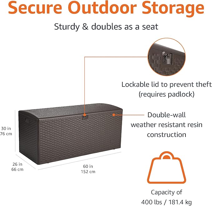 Amazon Basics Outdoor Patio Storage Box 150 Gallon Deck Box, Waterproof and Weather-resistant, Furniture Cushions Garden Tools, Brown