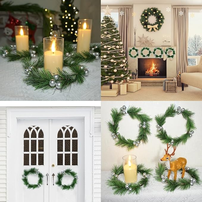 4pcs Christmas Candle Rings Wreaths Artificial Silver Berries Greenery Pine Needles Garland Christmas Wreath Candle Rings Holder for Wedding Christmas Table Centerpiece Home Dinner Table Décor