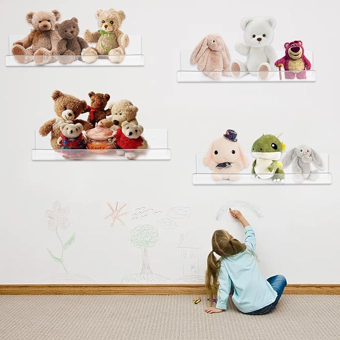 4 Pack Clear Acrylic Floating Shelves for Wall, 15'' Plastic Wall Mounted Display Shelf Kids Bookshelf and Spice Organizer for Bedroom, Living Room, Kitchen, Bathroom, Office