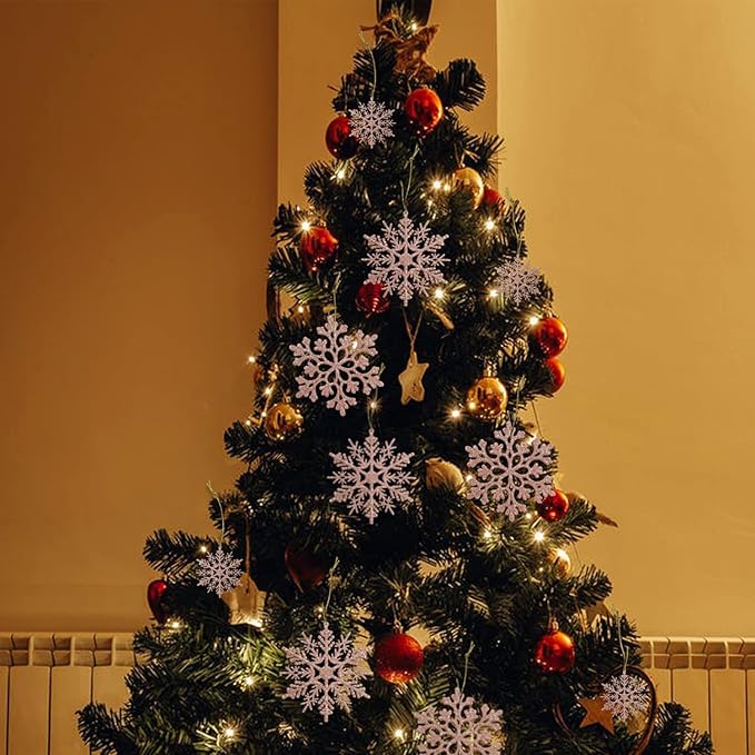 36pcs Christmas Rose Gold Snowflake Ornaments Plastic Glitter Snow Flakes Ornaments for Winter Christmas Tree Decorations Size Varies Craft Snowflakes