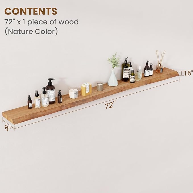 Floating Shelves for Wall Decor, Rustic Solid Elm Wood Floating Shelves Wall Mounted, Wall Shelves with Invisible Bracket for Living Room Bathroom Bedroom Kitchen, 72 Inch, Natural