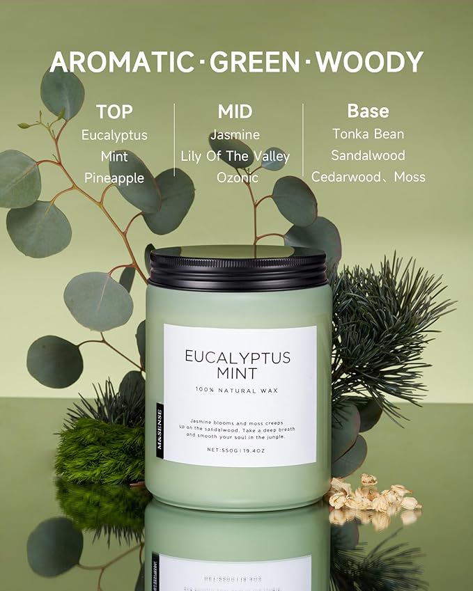 M&SENSE Eucalyptus & Mint Candles for Home Scented, 19.4oz 110 Hours Burn Soy Aromatherapy Candle Gift for Stress Relief, Meditation, Yoga, Relaxing SPA, Natural Soy Wax for Men and Women