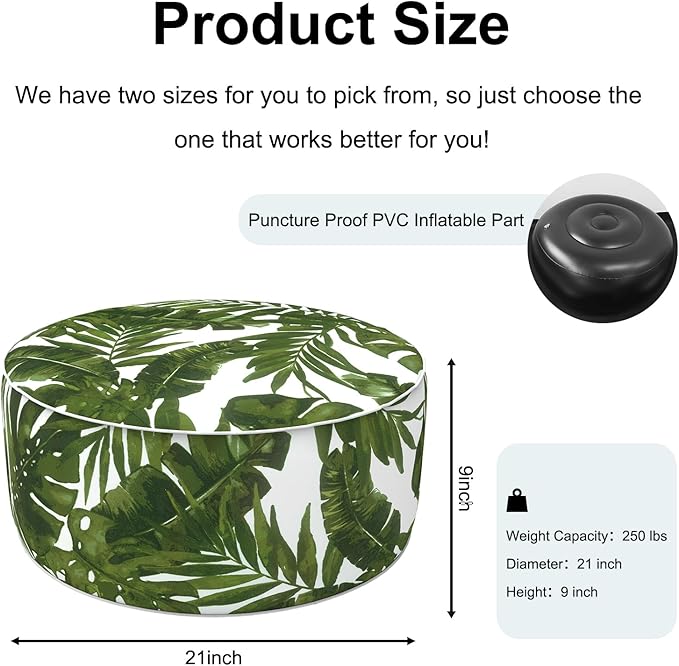 Inflatable Ottoman Stool D21 xH9 for Outdoor/Indoor Use, Water Repellent Patio Foot Rest Stool with Portable Handle,Round Pouf Ottoman Suitable for Garden,Deck and Camping - Palm Green