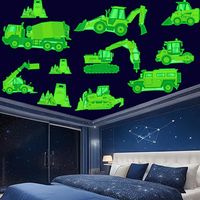 Glow in The Dark Construction Stickers, 23 PCS Glowing Luminous Truck Excavator Tractor Wall Decals Vehicle Truck Ceiling Stickers for Kids Boys Girls Bedroom Nursery Playroom Party Room Decor