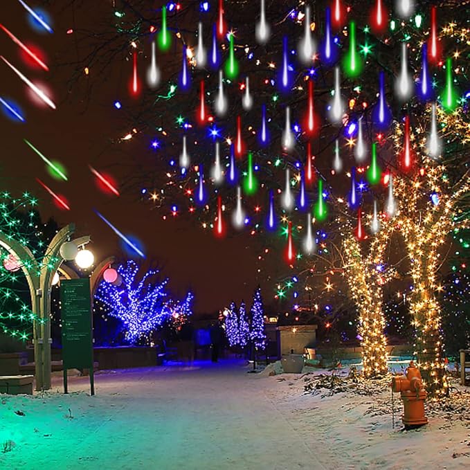 Christmas Lights Outdoor Tree Cascading Icicle Lights 12 inch 8 Tubes Shooting Star Waterfall Meteor Shower Falling Rain Light for Holiday Decorations Wedding Party New Year (Multi Color)