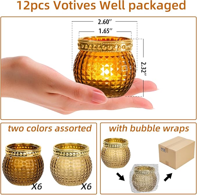 Amber Votive Candle Holders,Small Glass Tea Light Holder 12pcs,for Wedding Table,Vintage Boho Party,Holiday Centerpieces Fall Decorations