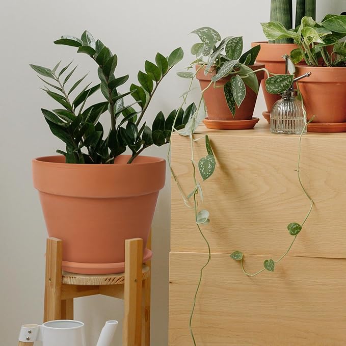 INGOFIN 12 Inch Terracotta Pot with Saucer - Ceramic Clay Pot for Plants with Drainage Hole, Large Terra Cotta Flower Planter with Tray for Indoor Outdoor Plants