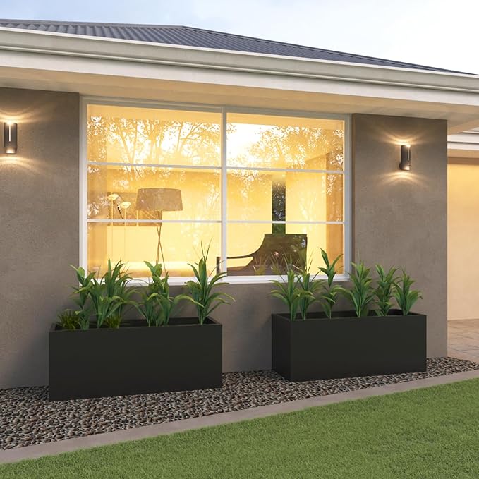 Galvanized Steel Planter Black Metal Outdoor Planter Powder Coated 32" x 12" x 16" Pot Metallic Heavy Pot Indoor & Outdoor, Commercial & Residential (L32 x W12 x D16, Black)