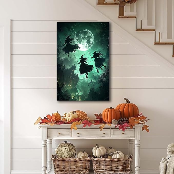 Flying Three Witches Halloween Canvas Wall Painting,Witches on Broom Under Full Moon Castle Victorian Decoration Haunted House Retro Poster for Living Room Bedroom Gallery,8"x12" Framed