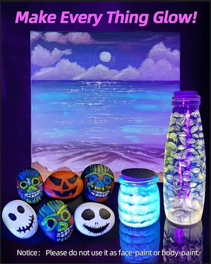 Fantastory Glow in the Dark Acrylic Paint,10 Bright Colors(30ml/1oz); Waterproof, Indoor Outdoor Black Light Paints for Halloween Rocks,Wood,DIY Crafts,Pumpkin, Adults