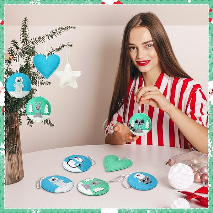 12 Pcs Christmas Felt Ornaments for Tree Santa Claus Snowman Gingerbread 3D White Mint Turquoise Color for Hanging Decoration Felt Craft for Christmas Party Favors Gifts
