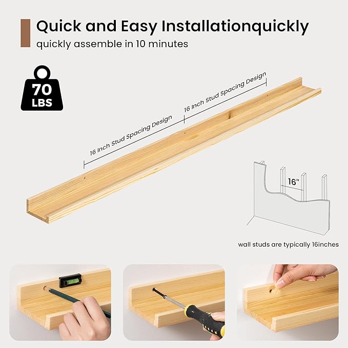 Picture Ledge Shelf, Solid Pine Wood Floating Shelves Set of 2, 48 Inches Nursery Book Shelves for Toys Storage, Kids Bookshelf Wall Mounted for Living Room Bedroom Decor Books Photo Frames, Natural
