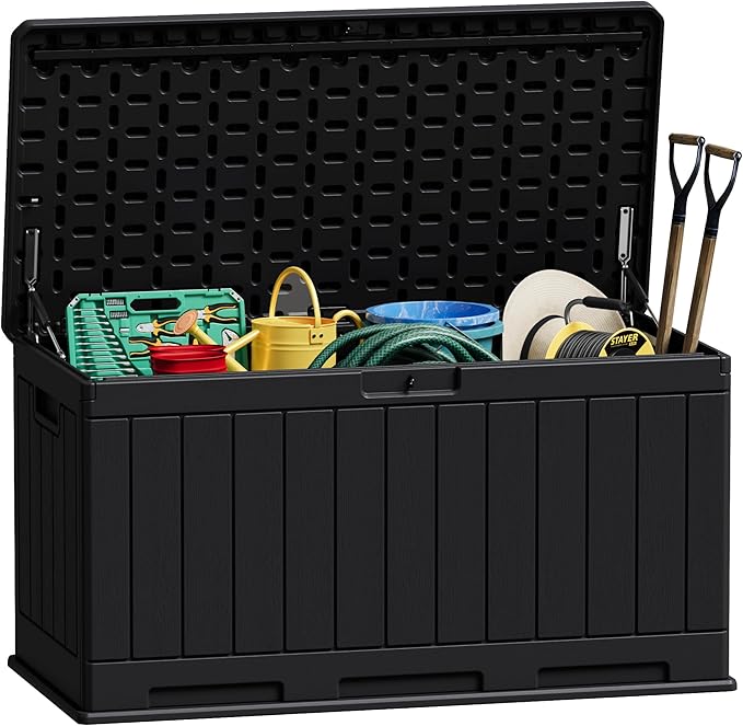 JUMMICO 90 Gallon Waterproof Resin Deck Box, Double Wall Outdoor Storage Box with Lockable Lid for Garden Tools, Patio Cushions, Pools (Black)