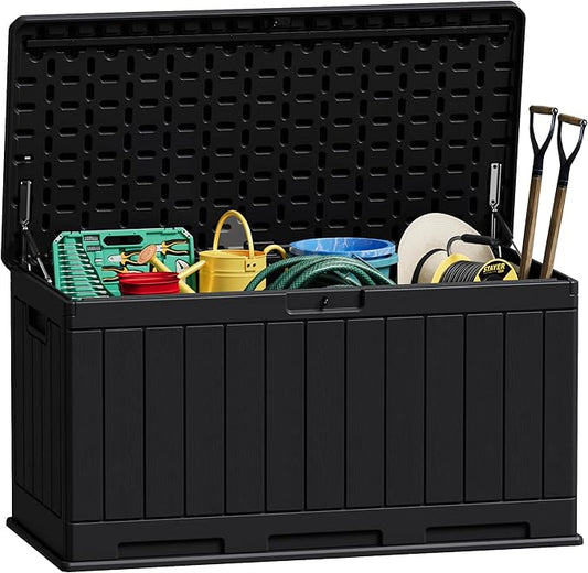 JUMMICO 90 Gallon Waterproof Resin Deck Box, Double Wall Outdoor Storage Box with Lockable Lid for Garden Tools, Patio Cushions, Pools (Black)