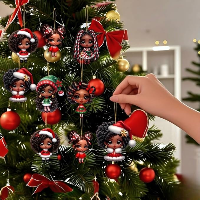 16pcs African American Black Chibi Girl Ornaments - Xmas/Christmas Wooden Decor, Gift Boxed for New Year/Carnival | Home/Window/Tree/Office/Classroom/Wine Bottle Party Deco, Black Heritage Pendants