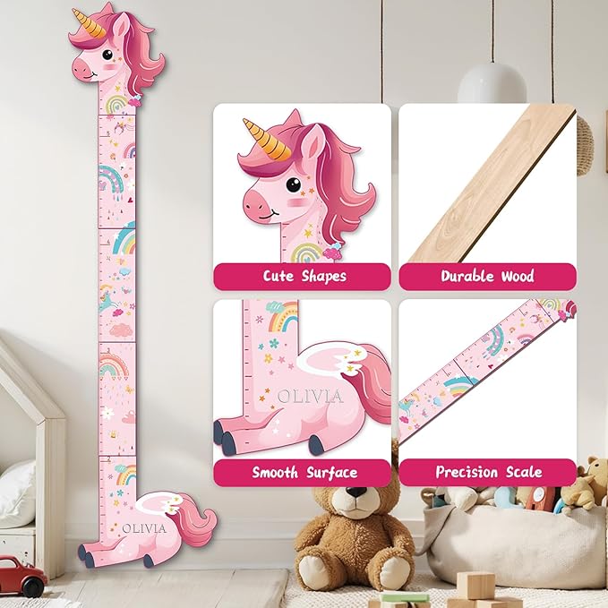 Personalized Name Growth Chart for Kids, Unicorn Wooden Wall Decor Growth Chart, Wall Decor for Kids Room, Wooden Growth Chart for Wall and Nursery Medical Office Toddler Playroom
