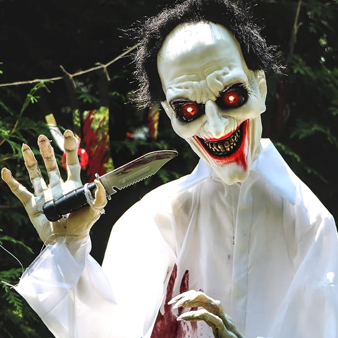 Haunted Hill Farm Life-Size Scary Animatronic Doctor with Touch Activated Lights and Sounds, Indoor or Covered Outdoor Spooky Halloween Decorations for Home or Haunted House, Battery-Operated