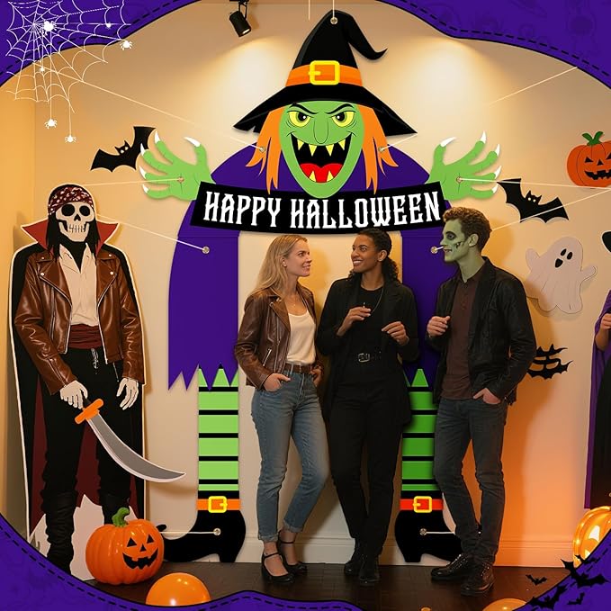 Halloween Witch Party Porch Banner Witch Door Banner for Halloween Outdoor Decorations Fabric Porch Sign for Birthday Photo Backdrop Photo Booth Props Front Door Cover Indoor Wall Hanging Supplies