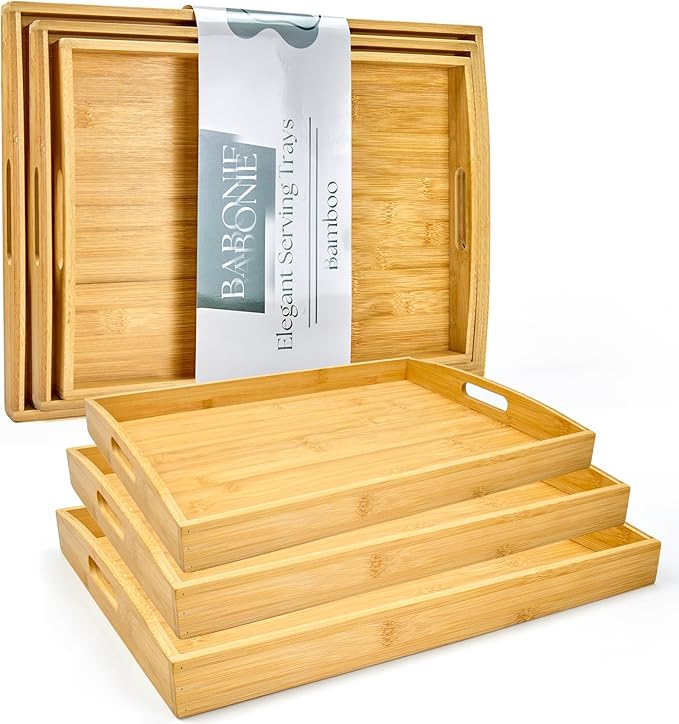 Bamboo Serving Tray with Handles Set of 3 - Decorative Wooden Trays for Eating, Working, and Storing, Suitable for Use in Bedroom, Living Room, Kitchen, Bathroom, Outdoor Scenarios and More