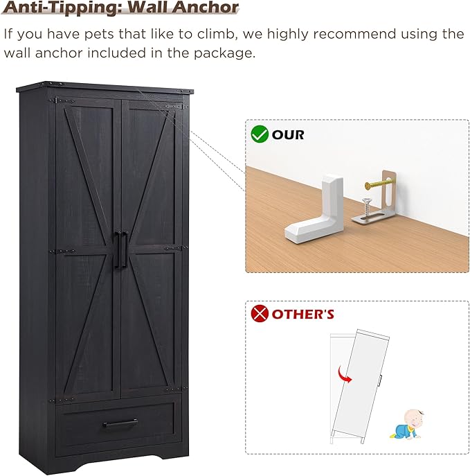 72" Tall Wood Storage Cabinet, Farmhouse Kitchen Pantry Cabinet with Adjustable Shelves & Drawer & Barn Doors, Versatile Storage for Kitchen, Dining Room, Bathroom, Black