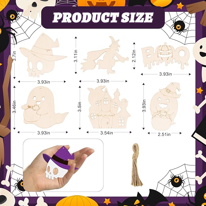 24 PCS Unfinished Wooden Halloween Crafts, Pumpkin Ghost Shaped Hanging Ornaments DIY Wood Craft Cutouts for Home Party Decor (Halloween)