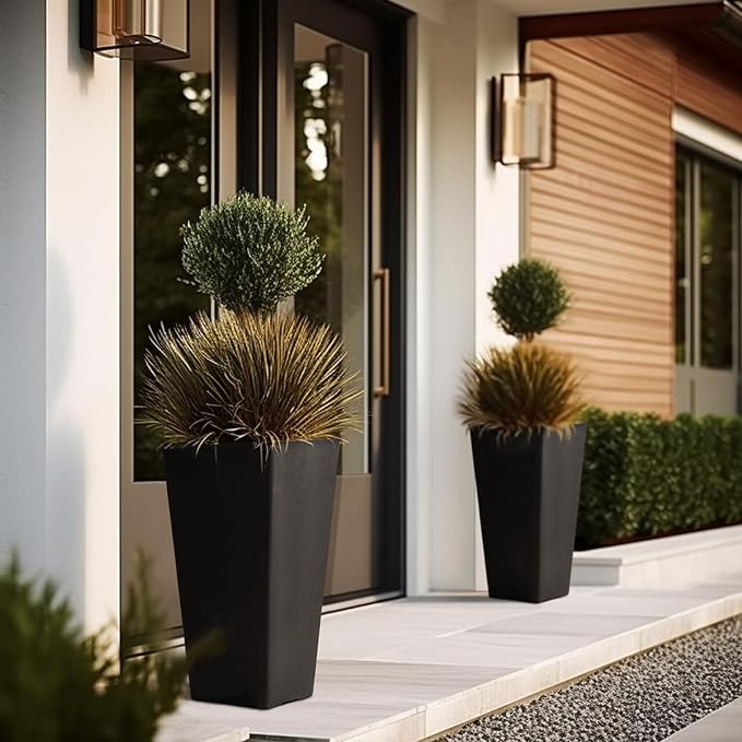 LA JOLIE MUSE 26 inch Tall Black Planters for Outdoor Plants,Set of 2 Tapered Planters with Trays,V-Shape Rectangular Garden Planters for Front Door, Patio and Deck