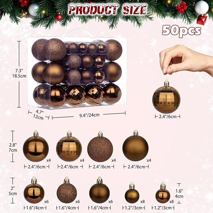 50pcs Christmas Ball Ornaments Brown Shatterproof Christmas Tree Ball Decorations Xmas Tree Large Xmas Ornaments Balls with Hanging Loop for Xmas Wedding Holiday Party Wreath Home Decor