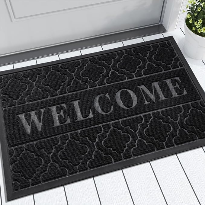 Yimobra Welcome Mat Outdoor Indoor, All-Season Waterproof Front Door Mat Outside Entrance, All-Weather Heavy Duty Non-Slip Doormat, Low Profile Porch Patio Entrance Mats, 47x32, Black