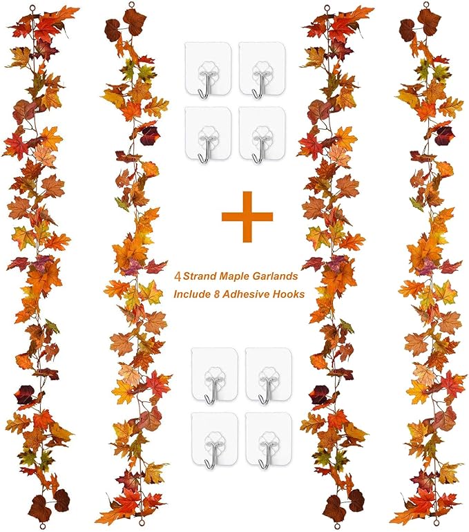 4 Pack Fall Maple Leaf Garland Artificial Maple Garland, Autumn Hanging Fall Leave Vines for Indoor Outdoor Wedding Thanksgiving Dinner Party Decor