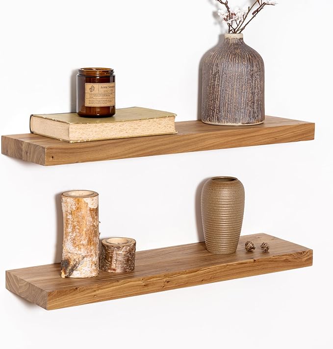 Wood Floating Shelves for Wall, 24" Floating Shelves Wall Mounted, Rustic Old Elm Wood Shelf for Home Decor, Heavy-Duty Storage Shelves for Books, Bathroom, Kitchen, Natural Color, Set of 2