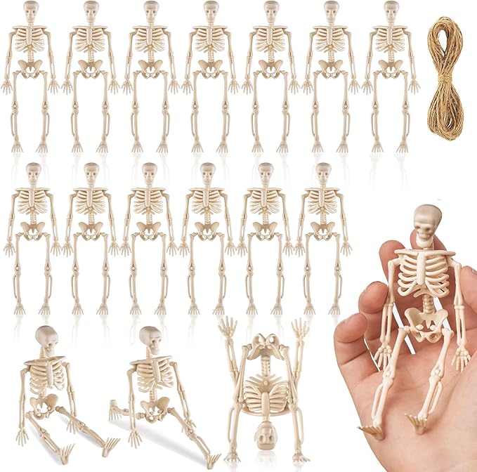 16 Pcs Halloween Mini Skeleton Figurine Decoration,6”Halloween posable Skeleton Decor,Small Plastic Skeleton Figure for Spooky Home Decor Haunted House Decorations Party Favors