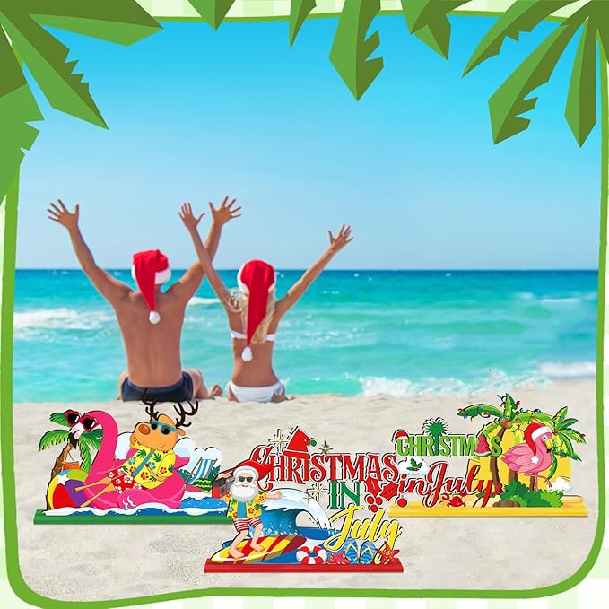 6 Pcs Summer Christmas in July Wooden Table Decoration July Summer Table Centerpiece Sets Decor Christmas Party Supplies Santa Flamingo Palm Tree Beach Party Table Decorations Holiday Xmas Supplies
